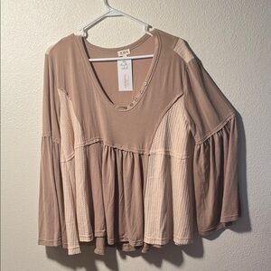 POL Taupe & Cream Peasant Tunic Top